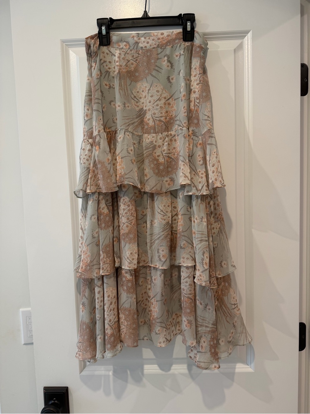LoveShackFancy Tiered Floral High-Low Skirt - Aqua, blush, ivory. Sample size S